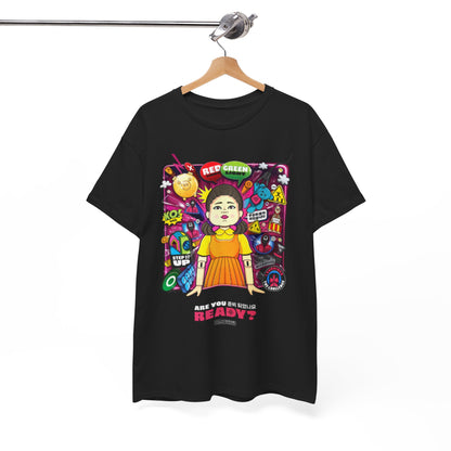 Chic black tee elegantly hung, showcasing a captivating graphic of a game character in vibrant hues, exemplifying stylish apparel for fans of luxurious and eye-catching fashion.