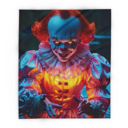 Decorative and Warm Halloween Spooky Pennywise IT Arctic Fleece Blanket featuring a vibrant, eerie illustration of a clown in a sinister pose, perfect for cozying up during the Halloween season.