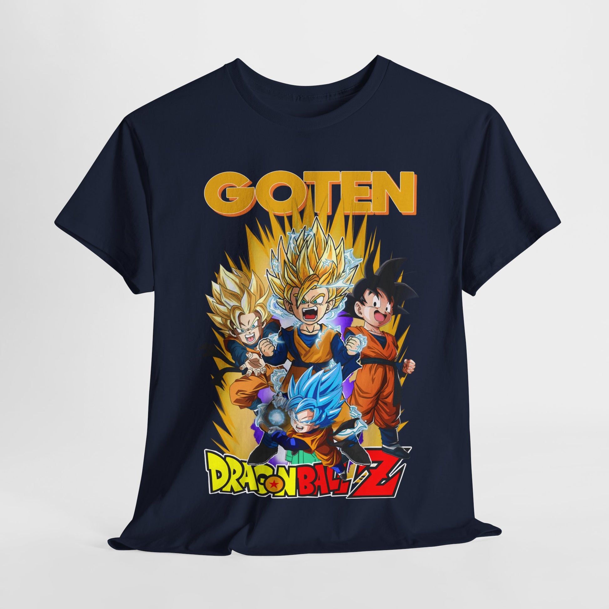 Stylish navy Dragon Ball Z 'GOTEN' T-shirt showcasing dynamic characters against a radiant energy backdrop, ideal for modern streetwear.