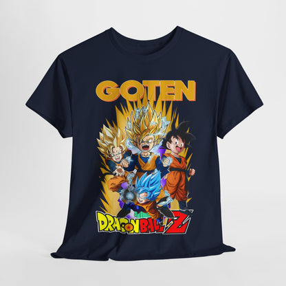 Stylish navy Dragon Ball Z 'GOTEN' T-shirt showcasing dynamic characters against a radiant energy backdrop, ideal for modern streetwear.