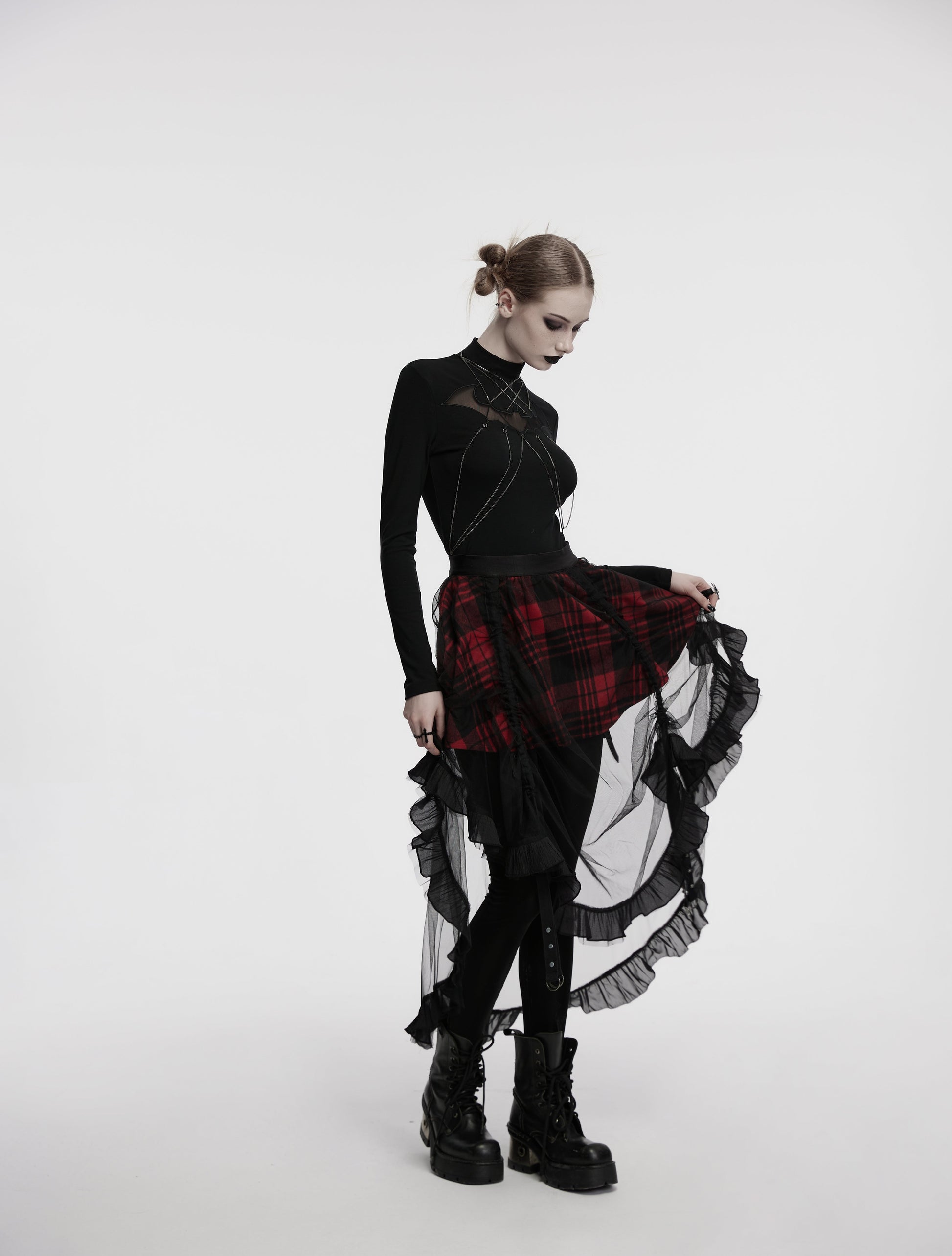 Elegant Punk Rave Morrigan High-Low Skirt in rich red plaid with sheer black mesh overlay, showcasing the stylish ruffled hem and adjustable studded straps, ideal for alternative fashion enthusiasts.