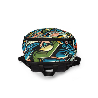 Model showcasing the Modern Pop Art Backpack from Dazzling Dreams Studio, emphasising its trendy design and stylish functionality.