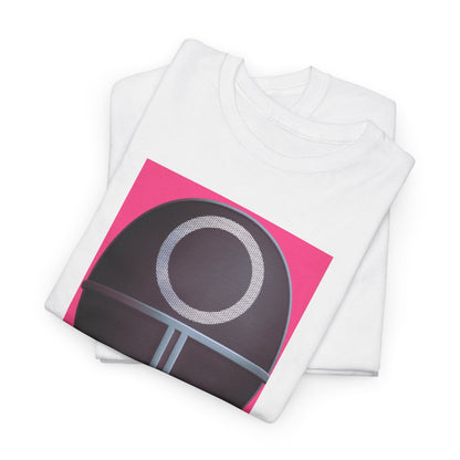 Stylishly folded Squid Game Unisex Graphic Cotton T-Shirts, featuring an iconic mask design on a white fabric with a vivid pink background, perfect for luxury casual wear.