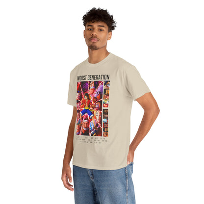 Stylish model wearing a fashionable beige T-shirt with bold 'WORST GENERATION' graphics, perfect for anime fans seeking a unique and elegant look.