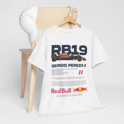Men's Red Bull RB19 F1 Racing T-Shirt elegantly presented on a wooden chair alongside a white cap, highlighting a unique motorsport heritage and sophisticated style.