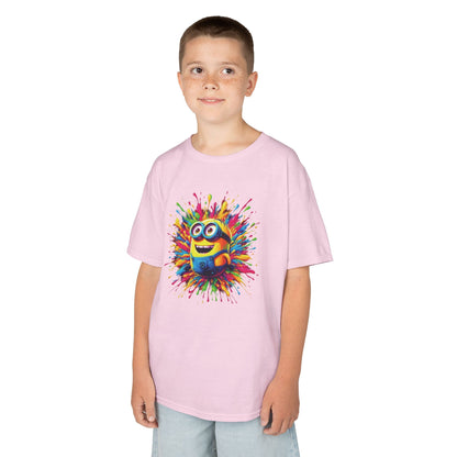 Sophisticated young boy modelling a pink Kids Minion Paint Splash T-Shirt, featuring an eye-catching Minion character in a delightful paint splash backdrop.