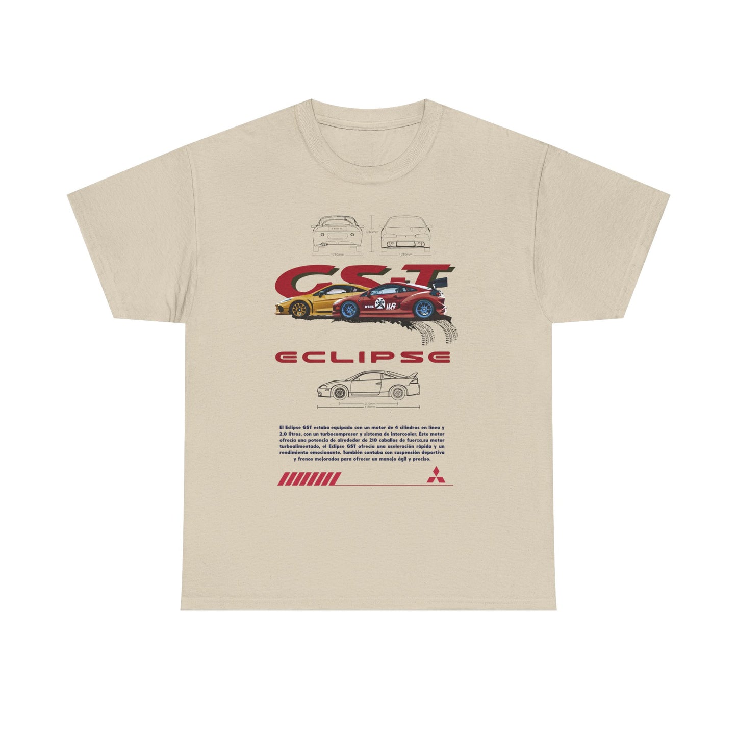 Chic beige Mitsubishi Eclipse GST Men's T-Shirt presenting dynamic graphics of the legendary car, combining comfort and style for a premium look, perfect for automotive aficionados.