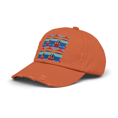 Stylish Unisex Distressed Cap in orange, showcasing a captivating paddleboarding design, ideal for adventurous water lovers.
