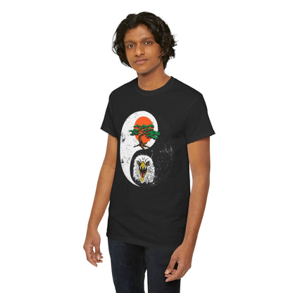 Sophisticated black graphic tee designed for men and women, presenting a harmonious yin-yang motif with an eagle and bonsai tree, ideal for leisure or sports.
