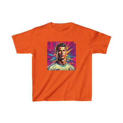 Kids Cristiano Ronaldo Heavy Cotton T-Shirt in bright orange colour presenting a captivating graphic of Cristiano Ronaldo, designed for little football aficionados.