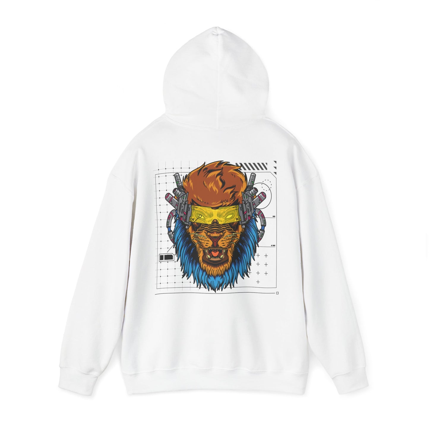 An elegant white hoodie showcasing a bold back design of a cyberpunk lion's head, enhanced with mechanical elements and a radiant blue mane, set against a stylish digital grid.