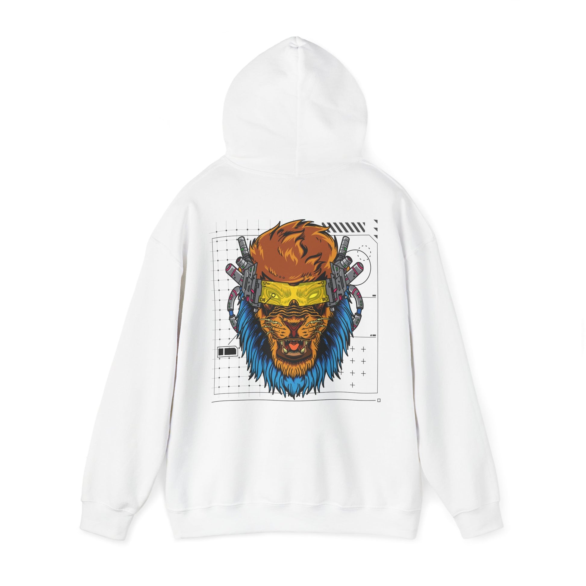 An elegant white hoodie showcasing a bold back design of a cyberpunk lion's head, enhanced with mechanical elements and a radiant blue mane, set against a stylish digital grid.