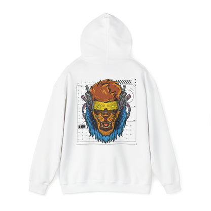An elegant white hoodie showcasing a bold back design of a cyberpunk lion's head, enhanced with mechanical elements and a radiant blue mane, set against a stylish digital grid.