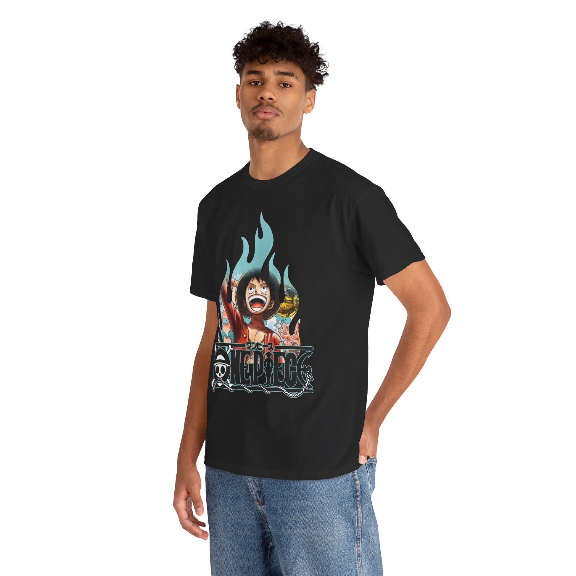 Fashionable male model wearing a sleek black graphic t-shirt, featuring an eye-catching illustration of Luffy amidst teal flames, perfect for adding a trendy twist to any outfit.