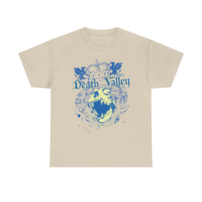 Chic beige t-shirt displaying an intricate 'Death Valley' skull design with regal elements and vibrant blue highlights, embodying luxurious gothic style.
