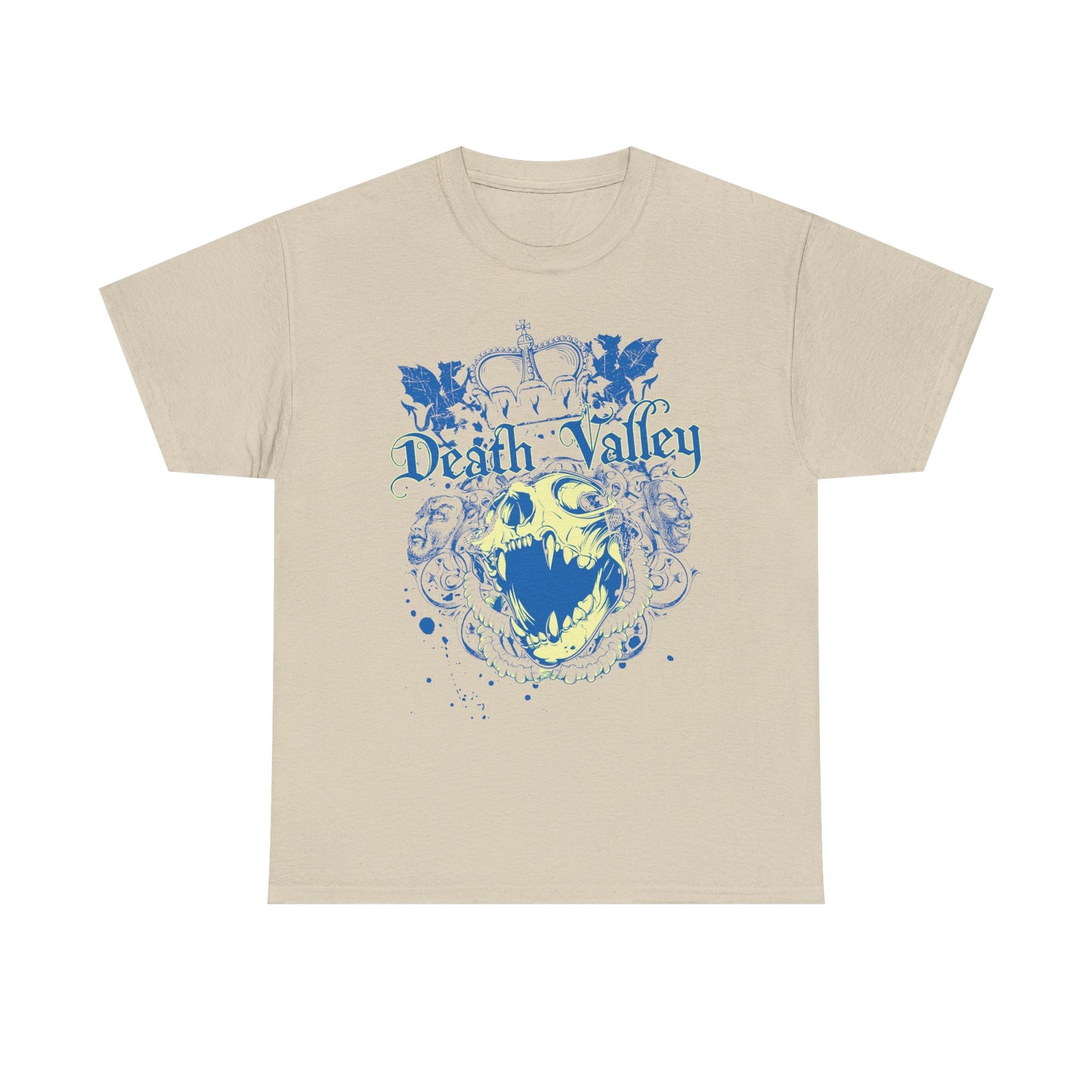 Luxurious beige Death Valley Skull T-Shirt featuring intricate blue gothic design and crowned skull graphic, perfect for bold men's fashion.
