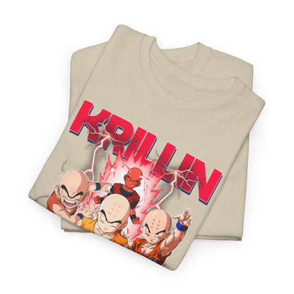 Luxurious presentation of folded Krillin and Z Fighters T-shirts, highlighting the vibrant colours and intricate design, perfect for anime aficionados and collectors.