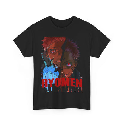 Elegant black Ryomen Sukuna anime t-shirt featuring a striking graphic design showcasing two characters with intense expressions, perfect for anime enthusiasts.