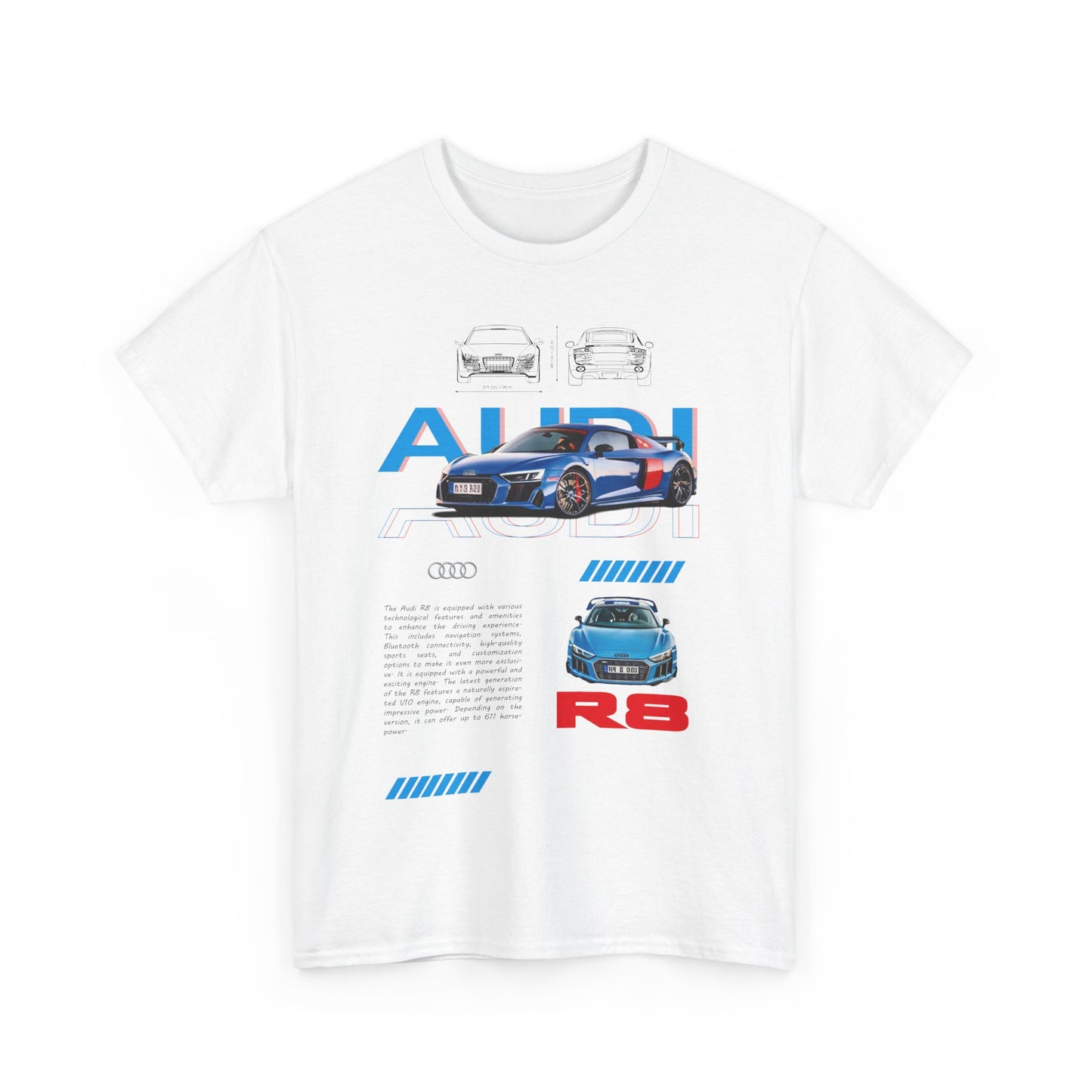 Stylish men's Audi R8 t-shirt front view featuring dynamic graphics of the Audi R8 car, perfect for expressing luxury and speed.