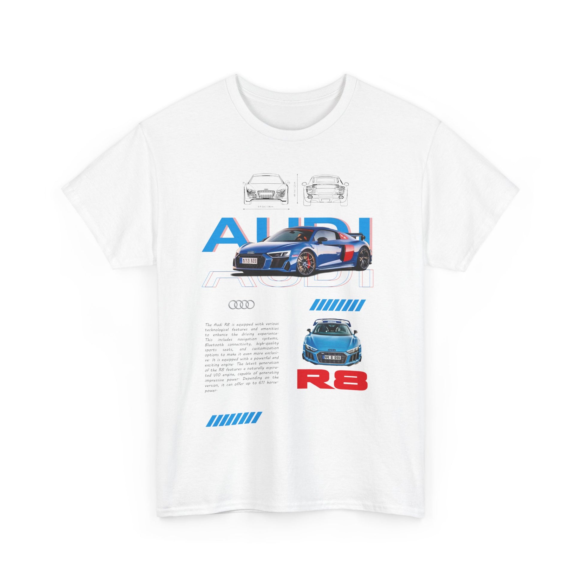 Stylish men's Audi R8 t-shirt front view featuring dynamic graphics of the Audi R8 car, perfect for expressing luxury and speed.