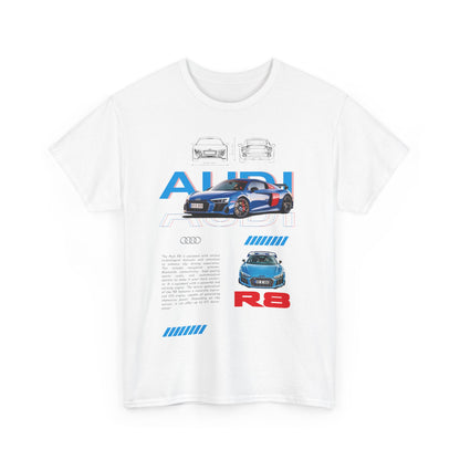 Stylish men's Audi R8 t-shirt front view featuring dynamic graphics of the Audi R8 car, perfect for expressing luxury and speed.