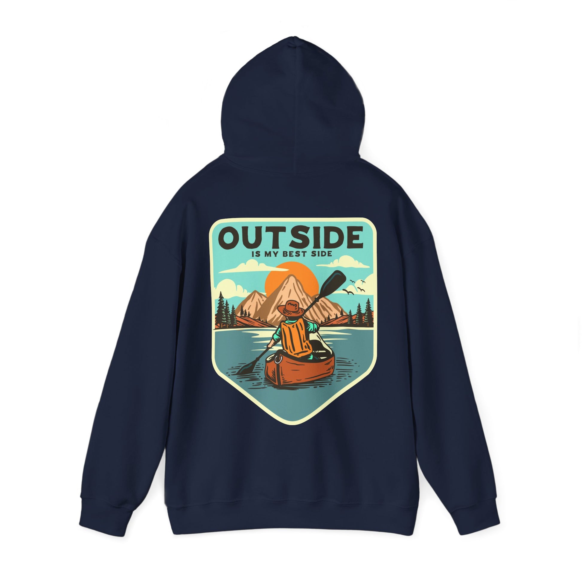 Experience the allure of nature with this elegant navy hoodie adorned with a vintage kayaker graphic, symbolising adventure and freedom with the motivational text 'OUTSIDE IS MY BEST SIDE'.
