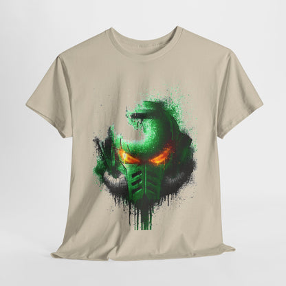 Stylish beige graphic t-shirt featuring a vibrant green and black helmet design with glowing orange eyes, encapsulating a fusion of modern art and pop culture aesthetics.