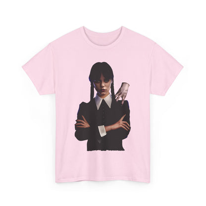 Wednesday and Thing Graphic Unisex Graphic Tee Shirt in soft pink featuring a captivating graphic of Wednesday Addams accompanied by Thing, radiating a unique blend of style and personality.
