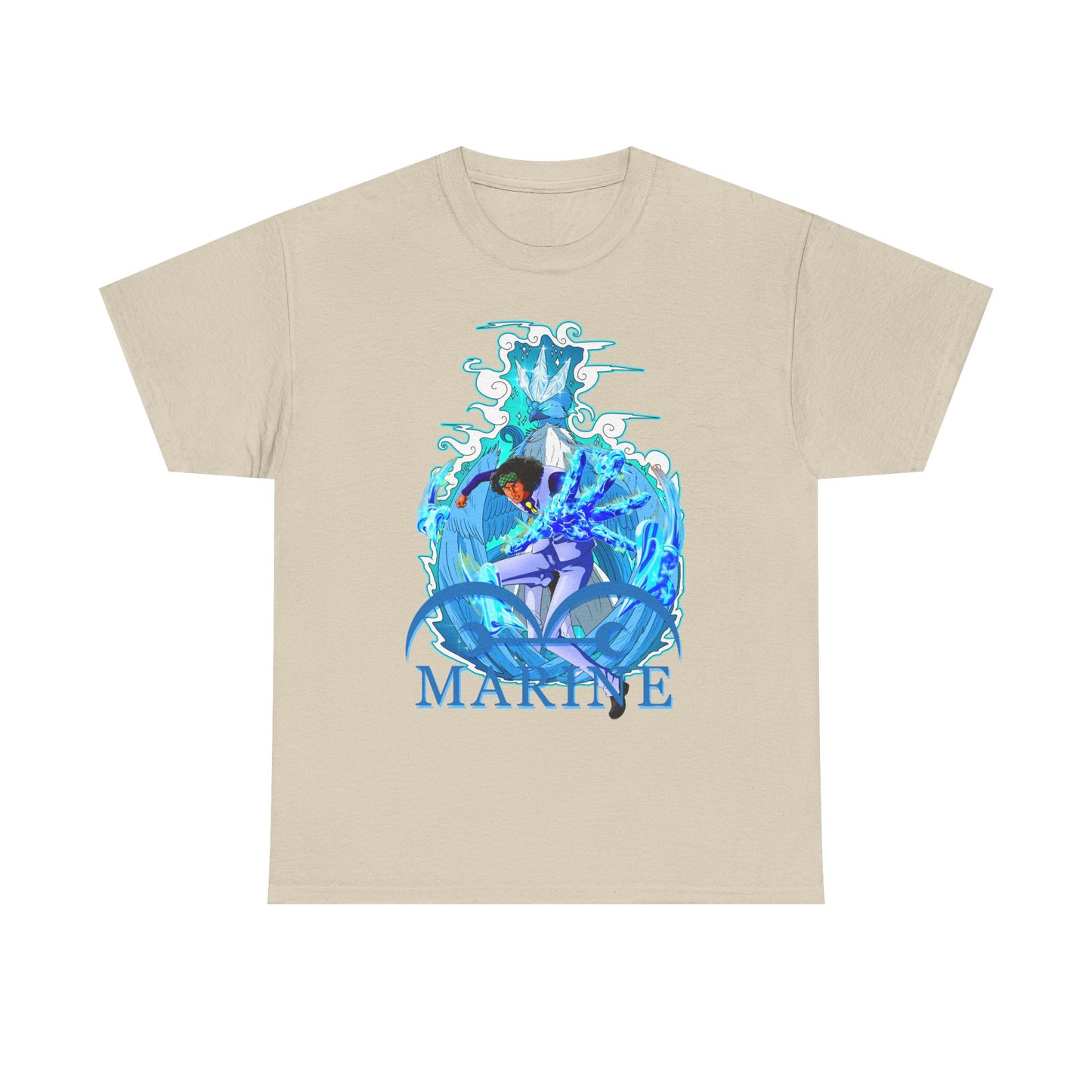 Chic beige men's T-shirt adorned with a stunning marine anime motif, featuring the word 'MARINE' in eye-catching blue, perfect for making a fashion statement.