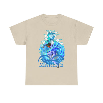 Chic beige men's T-shirt adorned with a stunning marine anime motif, featuring the word 'MARINE' in eye-catching blue, perfect for making a fashion statement.