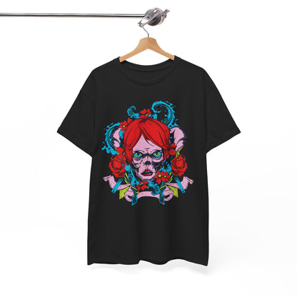 Stylish black t-shirt hanging on a wooden hanger displaying an intricate skull design with red hair and flowers, ideal for those who appreciate unique fashion.