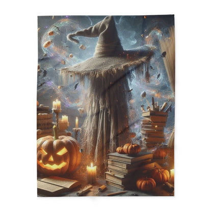 Elegant Decorative and Warm Halloween Spooky Arctic Fleece Blanket showcasing an enchanting Halloween atmosphere with a scarecrow, candles, and pumpkins.