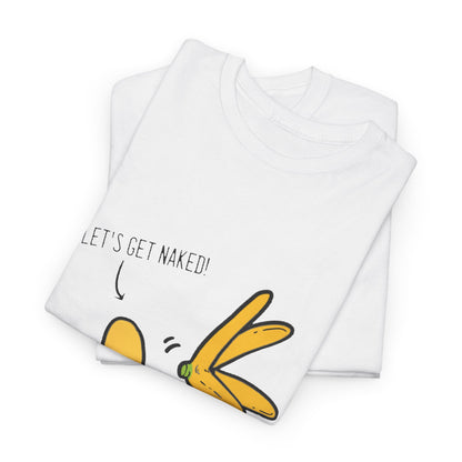 Luxurious white graphic t-shirt featuring the playful slogan 'LET'S GET NAKED!' with charming cartoon bananas, perfect for stylish urban wear.