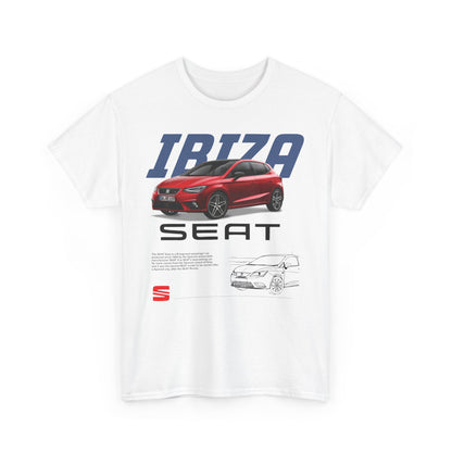 Elegant white men's t-shirt showcasing a vibrant design celebrating the SEAT Ibiza, featuring automotive graphics that highlight contemporary style and innovation.