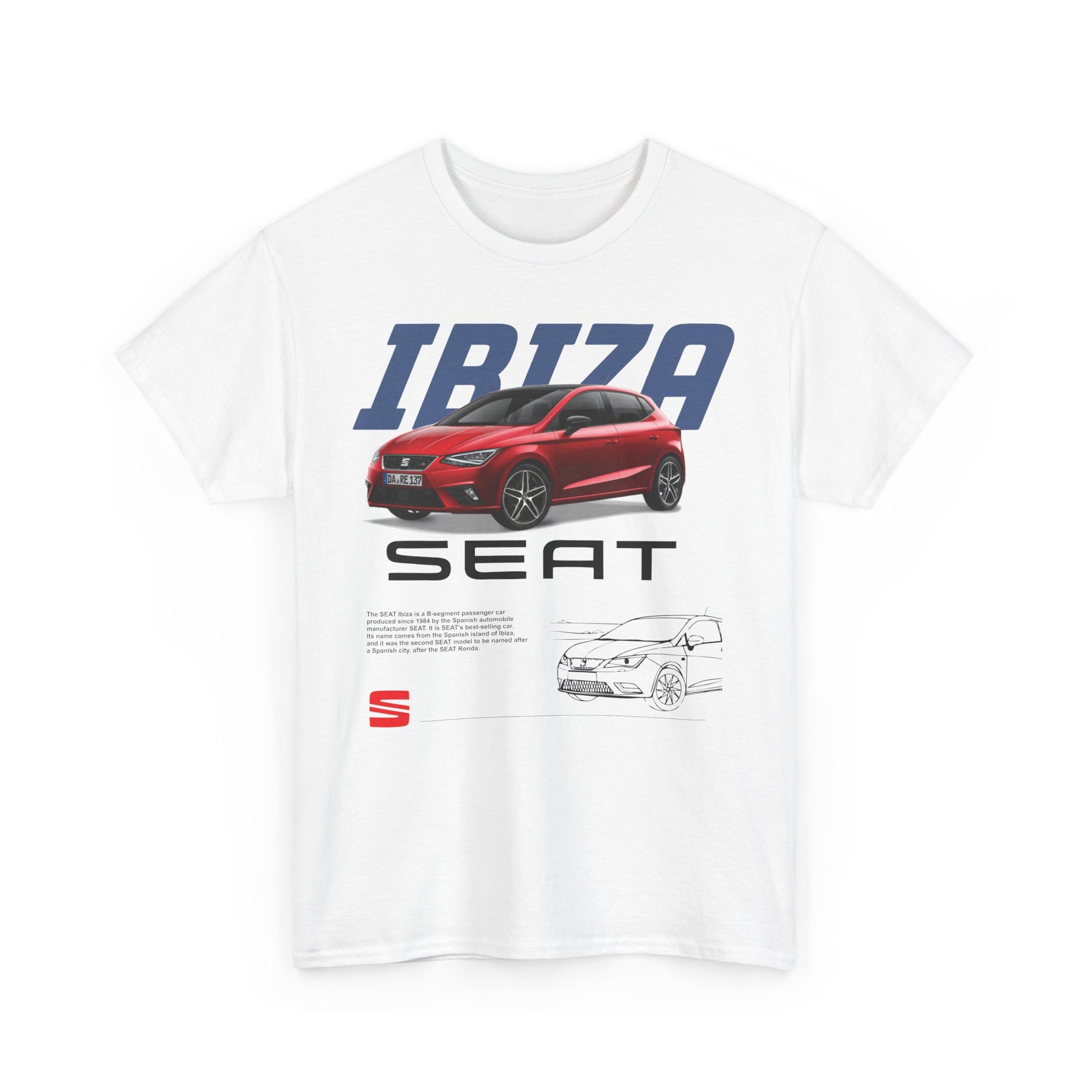 Stylish white men's t-shirt prominently displaying a SEAT Ibiza design, merging elegance and automotive culture for discerning wearers.