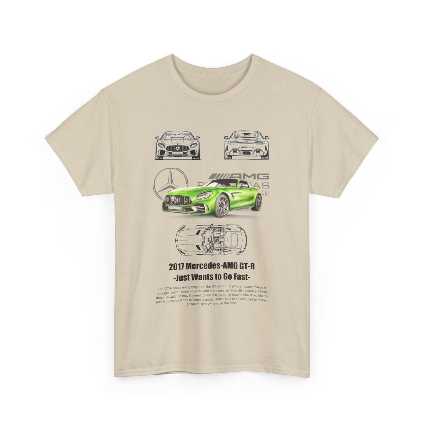Luxury men's t-shirt featuring a vibrant green 2017 Mercedes-AMG GT-R graphic, showcasing front, rear, and top designs, ideal for speed enthusiasts.