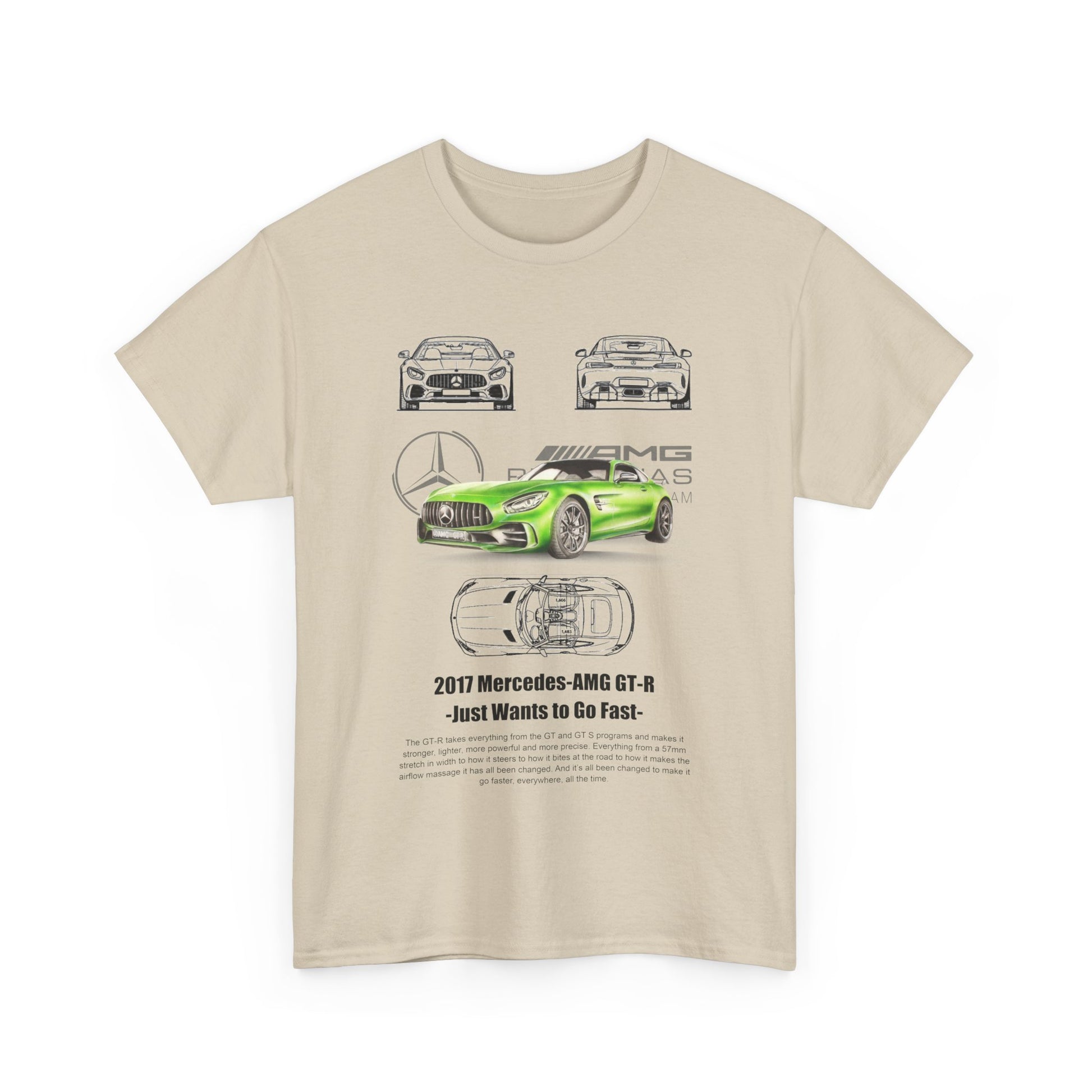 Luxury men's t-shirt featuring a vibrant green 2017 Mercedes-AMG GT-R graphic, showcasing front, rear, and top designs, ideal for speed enthusiasts.