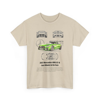 Front view of a luxurious Men's Mercedes-AMG GT-R T-Shirt featuring a vibrant green sports car design, perfect for automotive enthusiasts who appreciate performance and style.