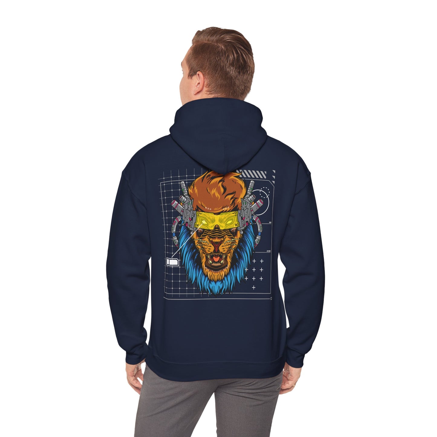 Sophisticated male model wearing a navy hoodie with a striking cyberpunk lion graphic on the back, embodying a blend of contemporary fashion and artistic expression.