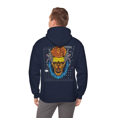 Sophisticated male model wearing a navy hoodie with a striking cyberpunk lion graphic on the back, embodying a blend of contemporary fashion and artistic expression.