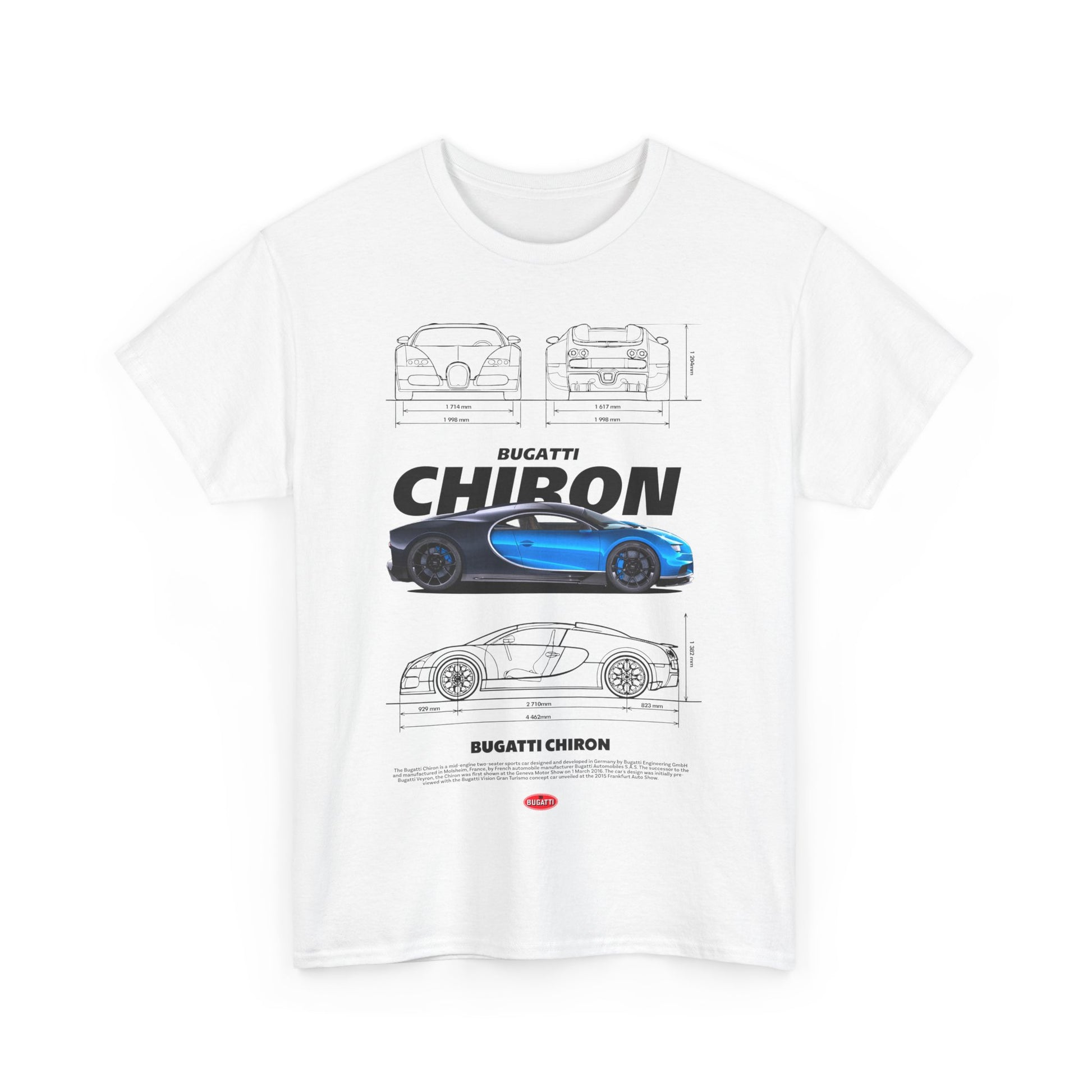 Men's white t-shirt presenting an intricate Bugatti Chiron graphic, complete with detailed dimensions and stylish branding.