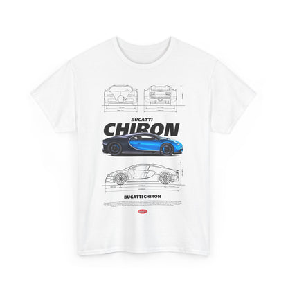Men's white t-shirt presenting an intricate Bugatti Chiron graphic, complete with detailed dimensions and stylish branding.