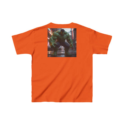 Kids Heavy-Duty Hulk Graphic Tee in vibrant orange showcasing an iconic Hulk graphic on the back, designed for budding heroes.