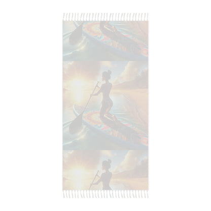 Elegant and soft Boho Beach Cloth for Paddleboarding, featuring a serene beach scene with a woman in the foreground. Design includes beautiful colours and intricate patterns, perfect for stylish outdoor adventures.