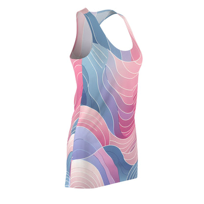 Serena Valentina Contemporary Racerback Dress showcasing a pastel abstract art design in soothing pink, lavender, and blue hues, embodying feminine elegance and contemporary style.