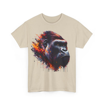 Harambe Masterpiece Graphic Unisex T-Shirt – Showcasing a stunning artistic tribute with a vibrant watercolor design featuring a close-up of a gorilla's head, impeccably crafted in rich hues of burnt orange, deep purple, and striking red.