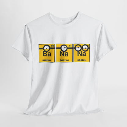 Men's Funny T-Shirt featuring a Minions Periodic Table design with Barium (Ba), Sodium (Na), and Sodium (Na) elements - a fun and quirky tee ideal for science lovers and fans of Minions.
