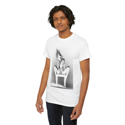 Elegant graphic t-shirt in white, adorned with a provocative black and white silhouette, presenting an alluring blend of art and fashion.