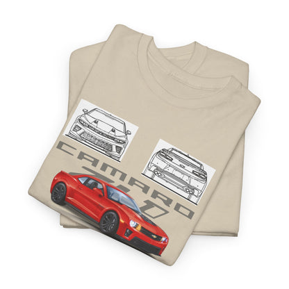 Stylish folded Men's Chevrolet Camaro ZL1 1LE T-Shirts in beige, elegantly displaying fashionable graphics of the red Camaro and intricate designs, ideal for car lovers.