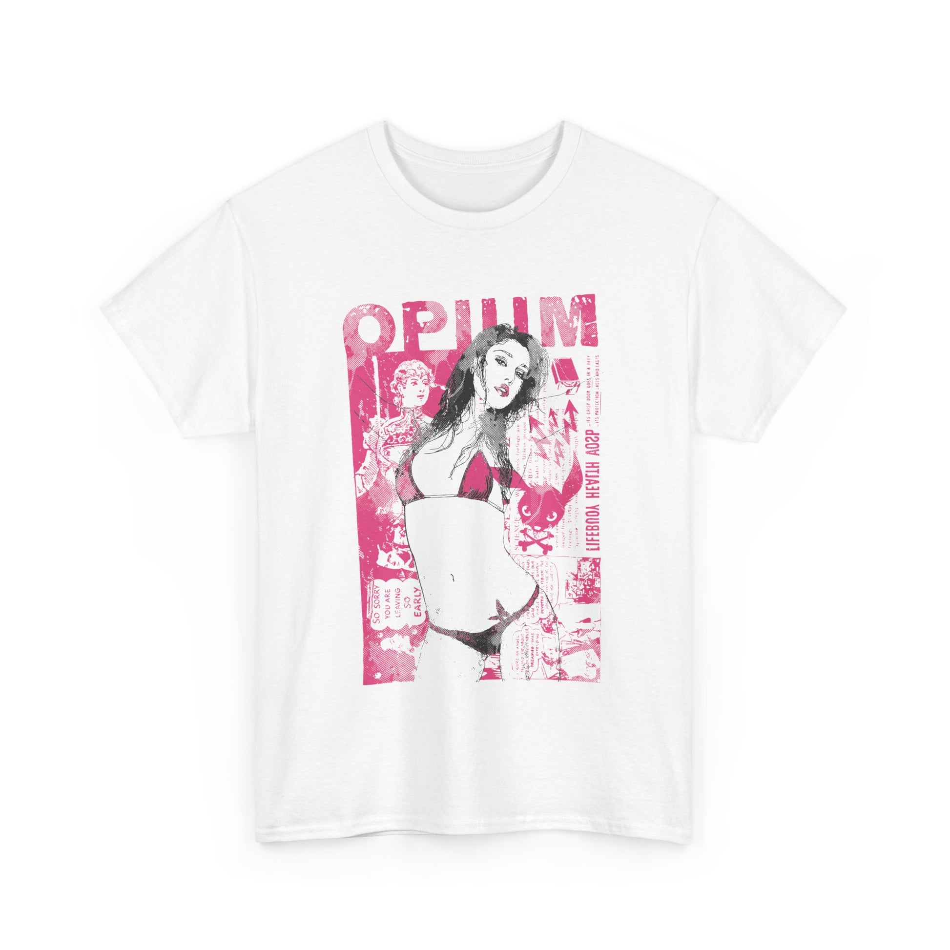 Sophisticated white T-shirt accentuated by a striking 'OPIUM' pinup graphic in chic pink hues, ideal for making a distinctive fashion statement.